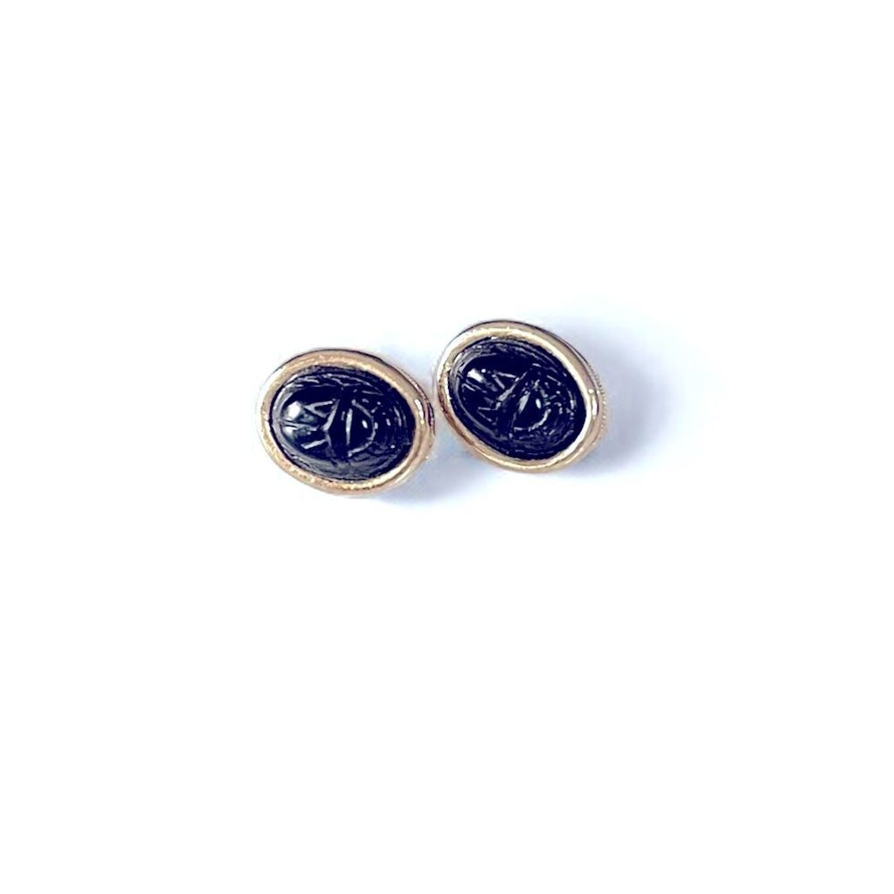 Vintage Black Scarab Gold Post Stud Earrings - Picture 2 of 5